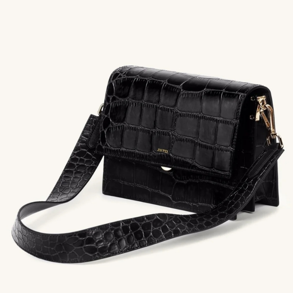 JW PEI Mini Flap Crossbody Clutch Black Croc Embossed Women's Bag